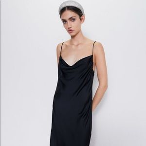 ZARA black satin midi slip dress